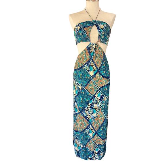 HAYDEN Los Angeles Cut Out Maxi Dress Size Medium Halter Patchwork Print - Picture 3 of 10